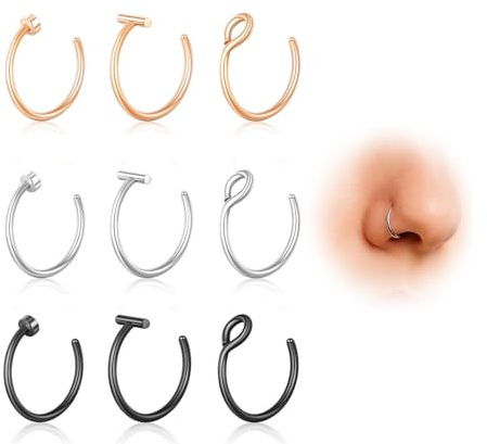 DAILI Anello da naso finto in titanio oro, 20 g, finto piercing per setto nasale, non piercing, piccolo anello da naso in argento, 8 mm, anello da naso nero in oro rosa, per donne e uomini, Piccolo