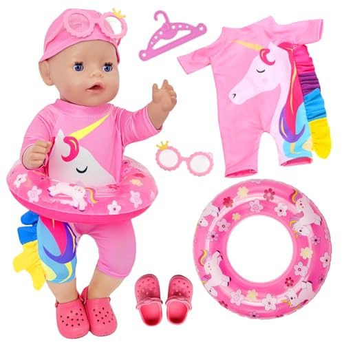 Atomvia Puppenkleidung 35-43 cm, Schwimm-Set für Puppen Badeanzug Puppen Outfit mit Badekappe, Rosa Schwimmring, Sonnenbrille, Schuhe & Kleiderbügel, Sommer Zubehör für Babypuppen