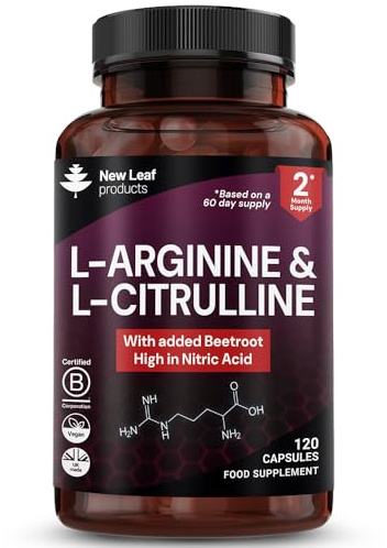 L Arginine and L Citrulline with Beetroot Extract - Nitric Oxide Supplement - 120 Vegan Capsules, 2 Month Supply, for Men & Women - Non-GMO, UK Made by New Leaf