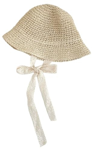 Baby halmhatt, småbarn solhatt med spetsband, andningsbar naturlig halmhatt i 1-3 år, kaki (48 cm huvudomkrets)