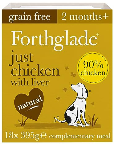 Forthglade Complementary Wet Dog Food (18 x 395g Trays) - Grain Free & Hypoallergenic Dog Food, Just Chicken with Liver, 90% Protein Stomach Sensitive Meals with Natural Ingredients