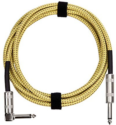 Amazon Basics 1/4 inches/6.35 mm Noiseless Connector, Tweed Braided Cloth Jacket Straight to Right-Angle Instrument Auxiliary Cable for Electric Guitar, Bass, Keyboards, 10 ft/3 m, Yellow & Brown