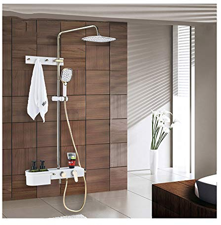 GLYYR Duschsystem mit Warmes und Kaltes Wasser Weiß und Gold Brausegarnitur Multifunktional Einzelgriff Duschsystem mit Duschkopf, Handbrause, Badewannenarmatur