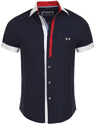 Carisma Camicia casual da uomo, a maniche corte, per il tempo libero/business, a contrasto, slim fit, con collo a capanna 9007, blu navy, XL