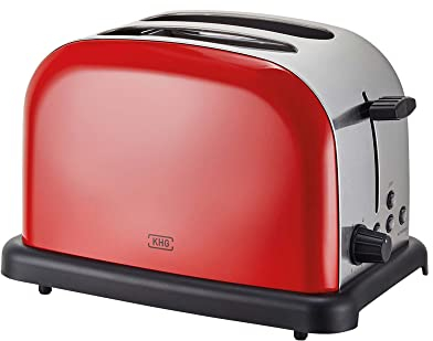KHG Edelstahl Toaster mit Brötchenaufsatz, 2 Scheiben | 6 Bräunungsstufen mit Bräunungskontrolle, Krümelfach | 1000W Leistung | Außengehäuse - Rot, Retro, Vintage, American Diner Style