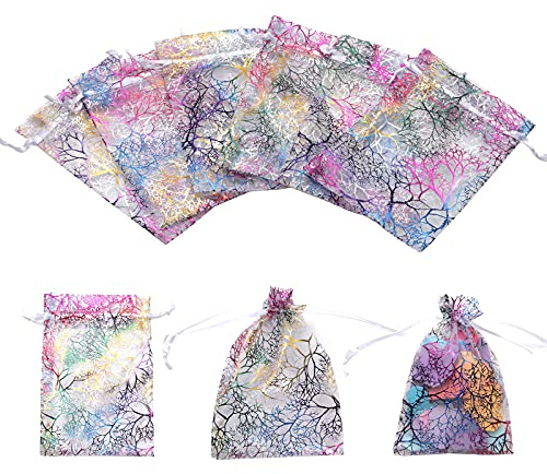 Lyaor 100 Piezas Bolsas de Organza con Colorido Patrón de Coral 10x15cm Bolsitas de Organza con Cordón Bolsa de Joyería Bolsitas de Tela para Regalo Joyas Caramelo de Boda Dulces - Blanco