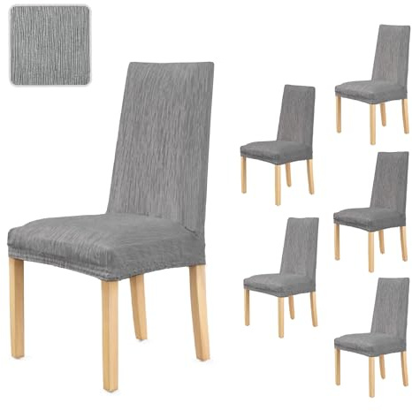 GFD Textiles - Pack de 6 Fundas para Sillas de Comedor en Moderno Color Gris | Protector de Asiento Ajustable y Antimanchas | Lavable y Extraíble, Ideal para Salón, Cocina y Eventos