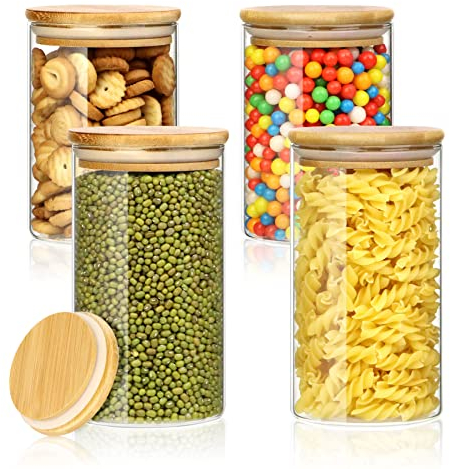 MXTIMWAN 4PCS Tarros de Cristal con Tapa, Tarro de Vidrio de Almacenamiento Botes Cocina Almacenaje, Botes de Cristal con Tapa Apto para Avena, Café, Judías, Té