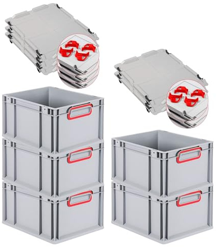 PROREGAL SuperSparSet 5x Eurobox NextGen Color mit Auflagedeckel & Schiebeschnappverschlüsse, HxBxT 22x30x40cm, 20L, Griffe rot geschlossen, Glatter Boden, Eurobehälter Transportbox Transportbehälter
