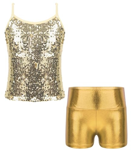 ranrann Barn flicka kostym gymnastik glänsande paljett set dans outfit balett gym tank topp + kort träning lacrosse dans klassisk yoga fitness sport 5-14 år, Typ H guld, 11-12 �r