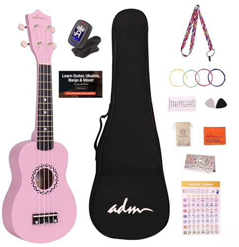 ADM Sopran Ukulele Set für Kinder und Anfänger, Ukulele Starter Kit mit Tasche, Stimmgerät, Regenbogensaiten, Bunter Gurt, Plektron, Griffbrettaufkleber, Akkord-Karte (Matt-rosa)