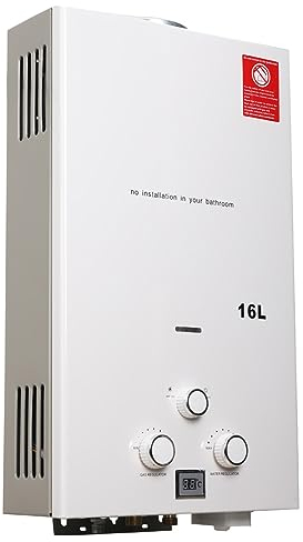 NICCOO Chauffe-Eau à Gaz 16L, Chauffe-eau Instantané 32KW GPL Propane, Certification CE, LED Chauffe-Eau sans Réservoir avec kit Douche, Chauffe-eau La Maison,au Camping-car et à Lextérieur,Gris/Blanc