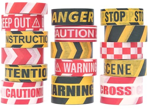 YUBX 16 rullar försiktighetslinje Washi Tape Set tejp färgglad gul röd gräns dekorativ maskeringstejp för konst, gör-det-själv-hantverk, dagbok, hyvel, klippalbum, förpackning