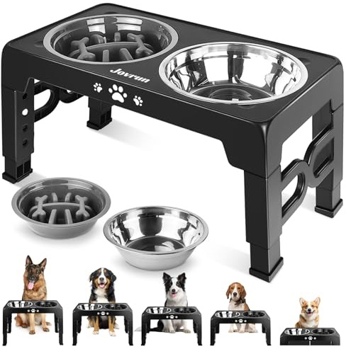 Jovrun Elevated Dog Bowls for Medium Large Size Dogs, Non-Slip Dog Feeder with 1*Stainless Steel Dishes & 1*Slow Feeder Bowl, 5 Heights Adjustable Raised Bowls to 3.15″-8.66″-9.84″-11.02″-12.2″