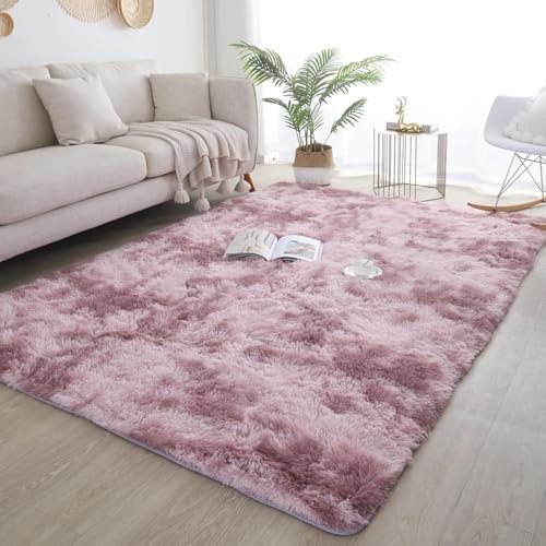 ISMOL Weicher Flauschiger 160x230cm Zottelteppich Wohnzimmer Schlafzimmer Flächenteppich Waschbarer Rutschfester Teppich Im Freien Flur Moderner Dekorativer Teppich(rosa gekoppelt)