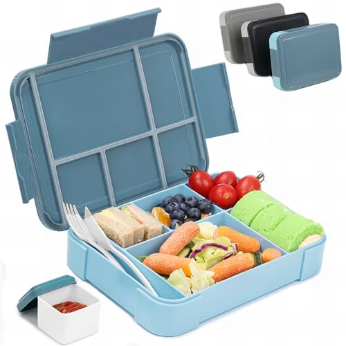 Bugucat Lunch Box 1330ML,Bento Box bambini con 6 Scomparto Porta Pranzo con Posate per Microonde Lavastoviglie per Adulti e Bambini, Portapranzo con Scatola di Salsa per Scuola Lavoro Ufficio
