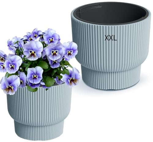 MELTOM Blumenkübel Blumentopf mit Herausnehmbaren Einsatz Rund Frostbeständiger Modern mit Rillen (Grau, XXL)