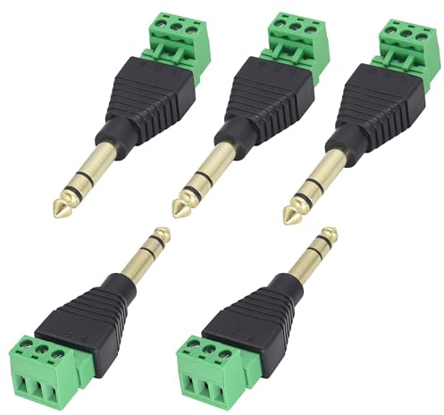 AAOTOKK (1/4 TRS Audio Screw Terminal Block Adapter, 6.35mm Male to 3 Pin/Way Female Bolt Screw Terminals Jack,6.35 mm DIY Audio Solderless Connector for Electric Bass,Amplifier/Amp,etc(5 Pack)