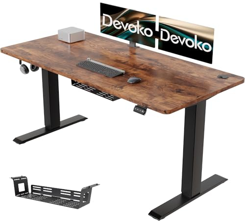 Devoko Höhenverstellbarer Schreibtisch 140 x 60 cm mit Kabelwanne, Elektrisch Höhenverstellbarer Stabiler Stehpult, Computertisch 2-Funktions-Memory, Ergonomischer Steh-Sitz Tisch (Vintage-Braun)