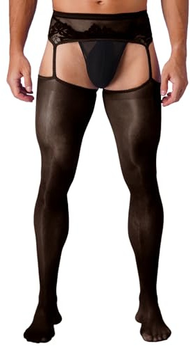 TiaoBug Herren Spitzen Strapsstrumpfhose Ouvert-Strumpfhose Slip Pantyhose Nylon Pants offen im Schritt Erotik Dessous Männer Reizwäsche Unterhose Schwarz H Einheitsgröße