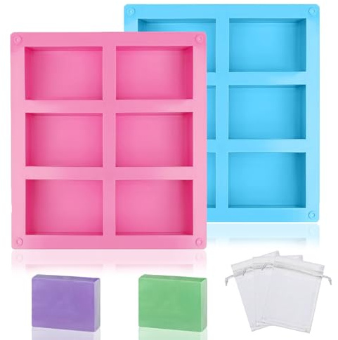 2 moldes de silicona, 6 molde de jabón, molde hecho a mano, 3 redes espumosas, juego de fabricación de jabón, velas (azul-rosa)