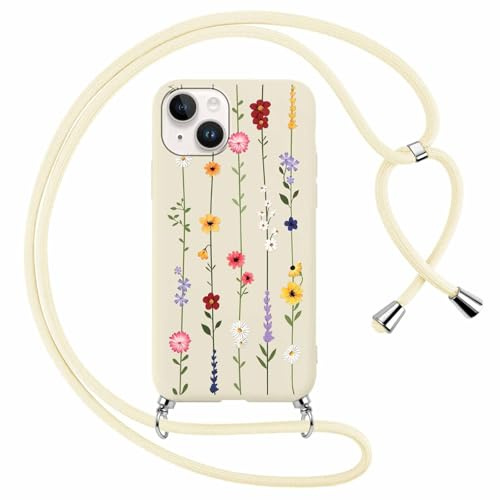 Yoedge Handykette Handyhülle für iPhone 14/iPhone 13 6,1 Hülle mit Band, Aesthetic Blumen Muster Case mit zum Umhängen Kordel, Weich TPU Silikon Stoßfest Schutzhülle Cover für iPhone 13, Beige2
