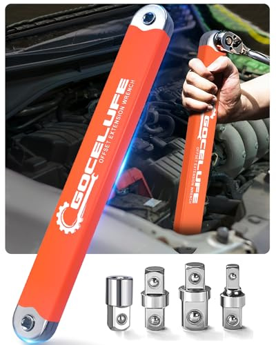 Gocelufe Offset Extension Wrench Impact - Tight Reach Wrench Set with Universal Square Drive Adapters (1/4, 3/8, 1/2) - Ideal for Tight Spaces - Unique Tool gifts for Mechanic Men Dad (Orange)