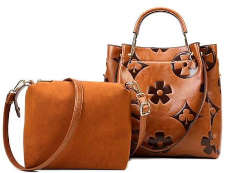 2XK-NOV Handtasche Damen Leder Tasche - Beuteltasche Damen Leder Handtasche Groß Handbags for Women Taschenset Crossbody Umhängetasche Abnehmbarer Schultergurt Damentaschen (Gelblichbraun)
