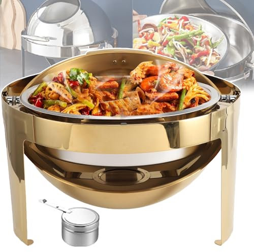 PLABNK 6L Chafing Dish Rund, Speisenwärmer-Buffetheber, 0–180° Sanftes Umdrehen, Alkoholheizung, Anti-Verbrühungsgriff, Mit Glasfenster/gut Sichtbar, Für Buffets, Catering, Schulen,Gold
