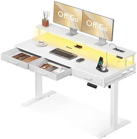 OffiGo Höhenverstellbarer Schreibtisch mit Schubladen, 140cm, Weiß | Mit Monitorständer und Schubladen, inkl. Steckdosen und LED-Lichtleiste, und Leiser Motor, Geeignet für Home-Office