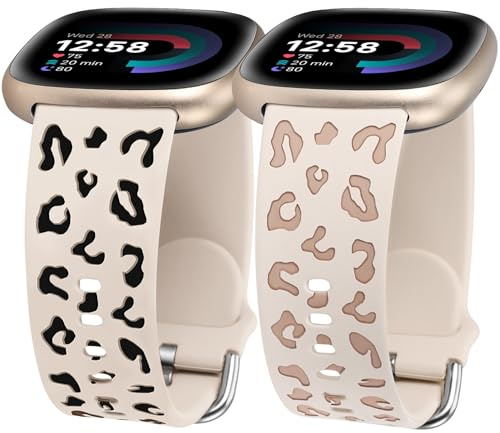 TOYOUTHS 2 Stück Leopard Gravierte Armband kompatibel mit Fitbit Versa 4/Versa 3/Sense 2/Sense Armband, Frauen Männer Zweifarbig Gepard Sport Solo Loop Silikon Fancy Armbänder für Versa 4