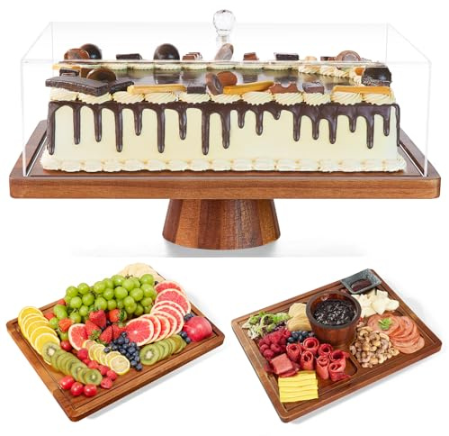 Wood Cake Stand with Dome: Rectangle Cake Holder with Multi-use Pedestal | 2-in-1 Cake Plate | Charcuterie Board - Large Shatterproof Acrylic Cover - Dessert Table Display for Fruit/Cheese/Veggie