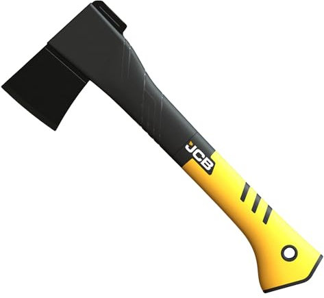 JCB 14’’ (32cm) Multitask Camping Axe, Ergonomic TPR Grip, Lightweight, Fiberglass Handle, Protective Carrying Sheath, Hatchet Tool for Splitting Firewood, Chopping, Kindling, and Cutting Branches