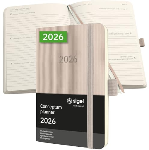 SIGEL C2631 Wochenplaner Wochenkalender 2026, ca. A6, taupe, Softcover, 176 Seiten, Gummiband, Stiftschlaufe, Archivtasche, aus nachhaltigem Papier, Kalenderbuch Conceptum