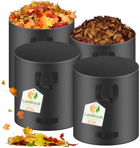 Ledebouk 4X 272L Sacchetti per rifiuti da Giardino, 200 g/m² Sacchi da Giardinaggio, Borsa da Giardino Pieghevole con Maniglie per Il Trasporto, antistrappo, idrorepellente, per Foglie, rifiuti Verdi