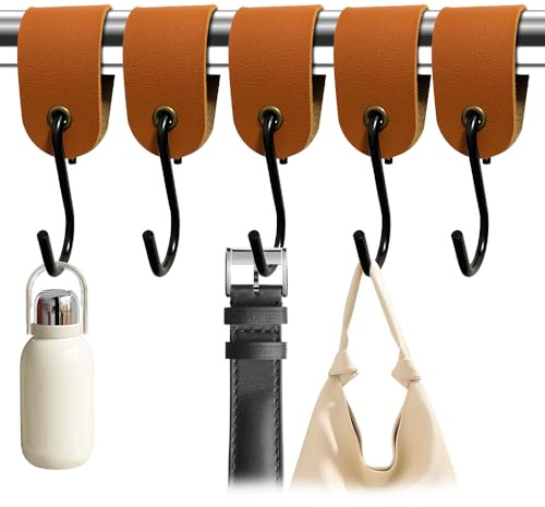 MUWINC Haken für Kleiderstange - 5 Stück Camping Haken mit Leder mit Verstärkten Metallösen,für Kleiderschrank Organisation & Campingausrüstung(Braun)
