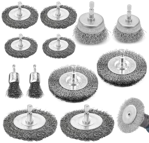 12-teiliges Drahtbürste Bohrmaschine Metall Satz, Edelstahl Drahtbürsten Scheiben Topfbürste Stahlbürste für Entfernen von Rost Korrosion Farbe Bohren Entgraten - 6 mm Schaft