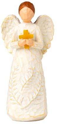 HAPFULLING 6.1 Inch Resin Angel Statue Holding Yellow Crystal Cross - Handcrafted White Religious Figurine, Christian Sympathy Gift for Women, Healing Home Decor for Easter Thanksgiving Christmas