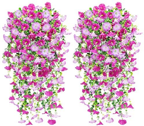 Yueshop 4PCS Artificial Hanging Flowers, Trailing Artificial Plants Outdoor | Purple Gradient Morning Glory, Fake Flowers Artificial Hanging Plants Outdoor, Artificial Hanging Basket Garden Wedding Decor