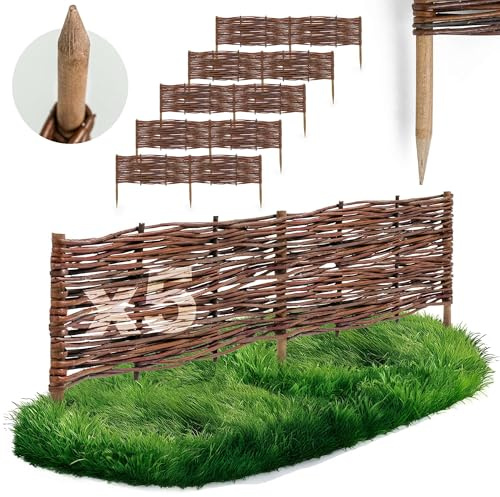 5 x BOGATECO Beeteinfassung aus Weide | 120 cm Lang & 20 cm Hoch | Holz-Zaun Rasenkante | Weiden-Zaun Steckzaun Perfekt für den Garten als Weg-Abgrenzung | Beetumrandungen | Dekorative Zäune