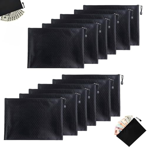 eupdd 12 Stück Geldtaschen Banktasche: 24×18cm Banktasche, A5 Geldmappe in Schwarz mit Reißverschluss Wasserdicht für Haushalt Business Schule