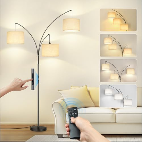 GOOGO Arc Floor Lamp Dimmable with 3 Lights, 4 Color Temperatures, Modern Standing Lamp with Touch Control, App and Remote Control, 1-Hour Timer, Memory Function, for Living Room, Bedroom