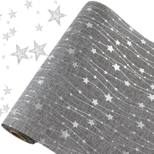 Tischläufer Sterne Metallic Grau,5 m Weihnachtsdeko mit Silbernen Sternen,Tischband in Juteoptik,Weihnachten Tischdekoration,Festliche Dekoration zu feierlichen Anlässen