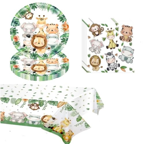 FTXanty Assiette Jetable Jungle Safari 41 Pièces de Vaisselle Jetable Assiettes en Carton Serviettes, Nappe Décorations pour Baby Shower Assiettes pour Anniversaire de Garçon Noël