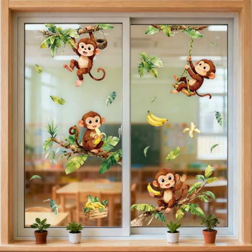 ANATTASOUL Affe und Blätter Fensterbilder for Frühling Sommer | Doppelseitig Blickdichter Badezimmer Fensterbilder Kinderzimmer Wiederverwendbare Fensterbilder Frühling for Winter Herbst