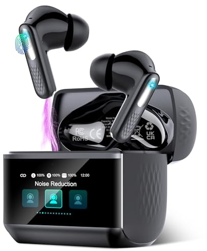 ZYHKON Auriculares Inalámbricos con Pantalla Táctil LED, 5 Modos EQ, IP7 Impermeable, Negro