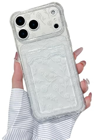 DEFBSC Funda para iPhone 17 Pro, parte trasera transparente con tarjetero (soporte para tarjetas de teléfono), diseño de flores, ultrafina, suave, TPU, resistente a los golpes, diseño de flores
