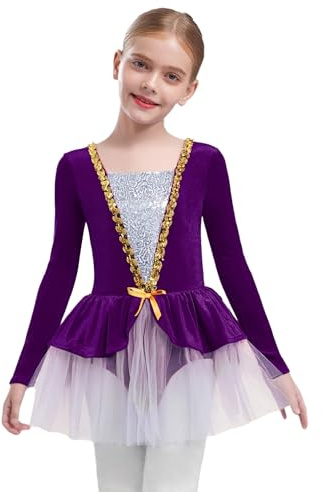 TiaoBug Vestido De Ballet para Patinaje Artístico Niñas Vestido Tutú De Terciopelo Mangas Largas Traje De Actuación De Navidad Morado 7-8 años