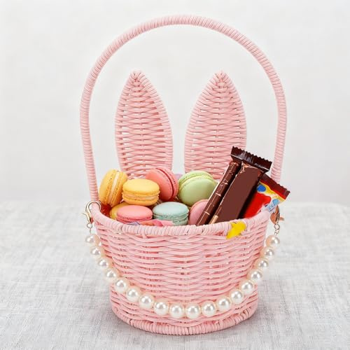 Luqeeg Cesta de Pascua con Forma de Conejo, Hecha de Ratán PP y Tejida con Forma de Orejas de Conejo, con Asa y Colgante de Perla, Ideal para Dulces de Halloween, Picnics, Rosa