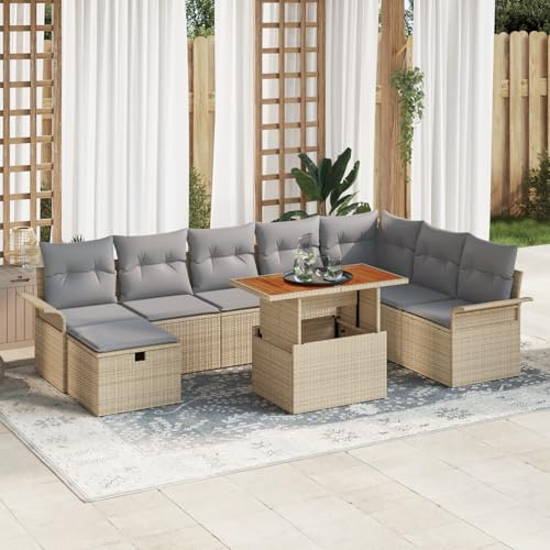 RMIHSJG 9-teiliges Garten Sofa Set mit Kissen Beige Poly Rattan für Außenbereich, 8 Personen Sitzgruppe mit Stauraumfächern, wetterfeste Terrassenmöbel und Lounge Möbel für Balkon